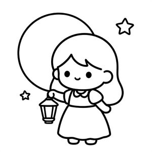A chibi princess holding a small lantern under a big moon and stars. Calm and simple night sky. 

Style rules (always apply):
Bold thick outlines
Simple shapes and forms
Very minimal background (no clutter)
Cute kawaii chibi proportions (big head, small body)
High clarity coloring book line art
No shading, only clean outlines