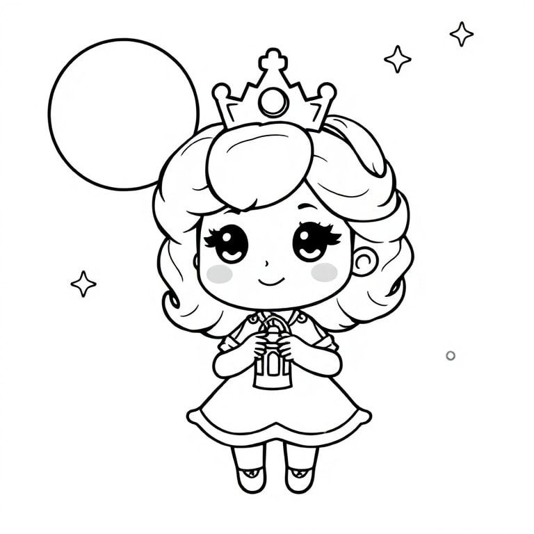 Kawaii Chibi Princess (MASTER CHARACTER)

A super cute chibi princess girl (around 5 years old, toddler-like proportions) with a very large round head and small body. She has big sparkling round eyes, tiny button nose, small smiling mouth, soft round cheeks, and short wavy hair with a tiny simple crown. Her expression is always happy and friendly. She always looks exactly the same in every image for consistency.
"A chibi princess holding a small lantern under a big moon and stars. Calm and simple night sky."
🎨 Style rules (GLOBAL – always include)

Bold thick outlines
Simple shapes and forms
Very minimal background (no clutter)
One main character per page
Cute kawaii chibi proportions (big head, small body)
High clarity coloring book line art
No shading, no grayscale, only clean outlines