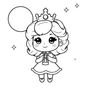 Kawaii Chibi Princess (MASTER CHARACTER)

A super cute chibi princess girl (around 5 years old, toddler-like proportions) with a very large round head and small body. She has big sparkling round eyes, tiny button nose, small smiling mouth, soft round cheeks, and short wavy hair with a tiny simple crown. Her expression is always happy and friendly. She always looks exactly the same in every image for consistency.
"A chibi princess holding a small lantern under a big moon and stars. Calm and simple night sky."
🎨 Style rules (GLOBAL – always include)

Bold thick outlines
Simple shapes and forms
Very minimal background (no clutter)
One main character per page
Cute kawaii chibi proportions (big head, small body)
High clarity coloring book line art
No shading, no grayscale, only clean outlines