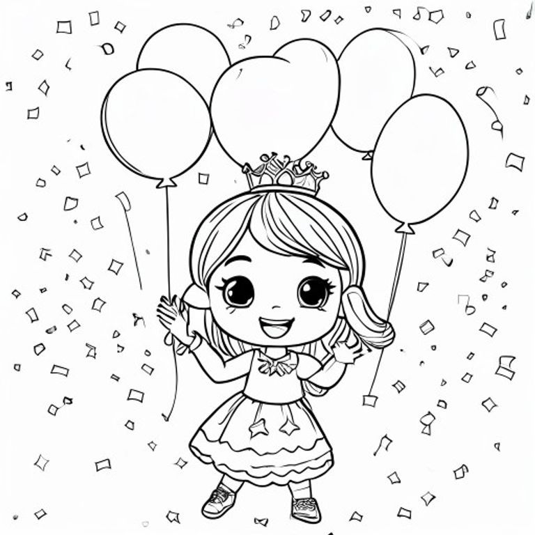 A chibi princess celebrating with balloons, confetti, and a small cake. She is waving happily.

Style rules (always apply):
Bold thick outlines
Simple shapes and forms
Very minimal background (no clutter)
One main character per page
Cute kawaii chibi proportions (big head, small body)
High clarity coloring book line art
No shading, only clean outlines