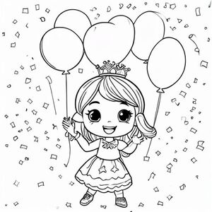A chibi princess celebrating with balloons, confetti, and a small cake. She is waving happily.

Style rules (always apply):
Bold thick outlines
Simple shapes and forms
Very minimal background (no clutter)
One main character per page
Cute kawaii chibi proportions (big head, small body)
High clarity coloring book line art
No shading, only clean outlines