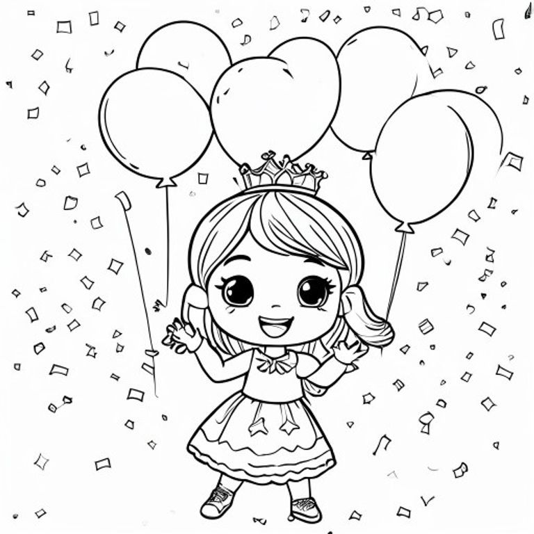 A chibi princess celebrating with balloons, confetti, and a small cake. She is waving happily. Keep hands clear and visible.

Style rules (always apply):
Bold thick outlines
Simple shapes and forms
Very minimal background (no clutter)
One main character per page
Cute kawaii chibi proportions (big head, small body)
High clarity coloring book line art
No shading, only clean outlines