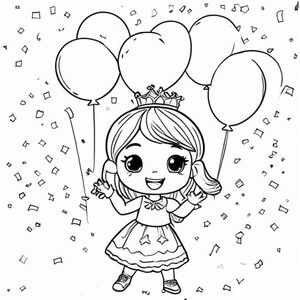 A chibi princess celebrating with balloons, confetti, and a small cake. She is waving happily. Keep hands clear and visible.

Style rules (always apply):
Bold thick outlines
Simple shapes and forms
Very minimal background (no clutter)
One main character per page
Cute kawaii chibi proportions (big head, small body)
High clarity coloring book line art
No shading, only clean outlines
