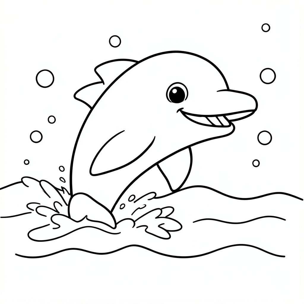 A happy cartoon dolphin jumping out of the ocean waves, smiling, simple sea background with bubbles.
Style rules:
Bold, simple outlines
One main subject per page
Kid-friendly, cute, non-realistic
Large coloring spaces
No text, no shading, no complexity