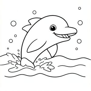 A happy cartoon dolphin jumping out of the ocean waves, smiling, simple sea background with bubbles.
Style rules:
Bold, simple outlines
One main subject per page
Kid-friendly, cute, non-realistic
Large coloring spaces
No text, no shading, no complexity