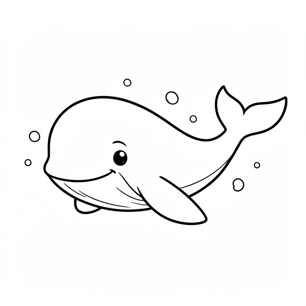 A large cute whale swimming calmly in the ocean with small bubbles around it.

Style rules :
Bold, simple outlines
One main subject per page
Kid-friendly, cute, non-realistic
Large coloring spaces
No text, no shading, no complexity