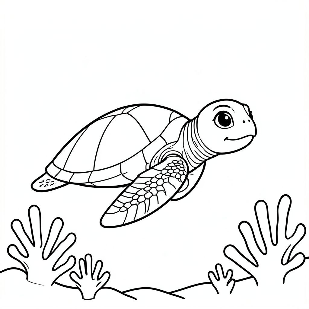 A baby sea turtle slowly swimming underwater with simple coral shapes.
style rules : 
Bold, simple outlines
One main subject per page
Kid-friendly, cute, non-realistic
Large coloring spaces
No text, no shading, no complexity