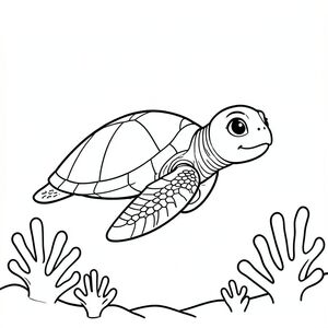 A baby sea turtle slowly swimming underwater with simple coral shapes.
style rules : 
Bold, simple outlines
One main subject per page
Kid-friendly, cute, non-realistic
Large coloring spaces
No text, no shading, no complexity