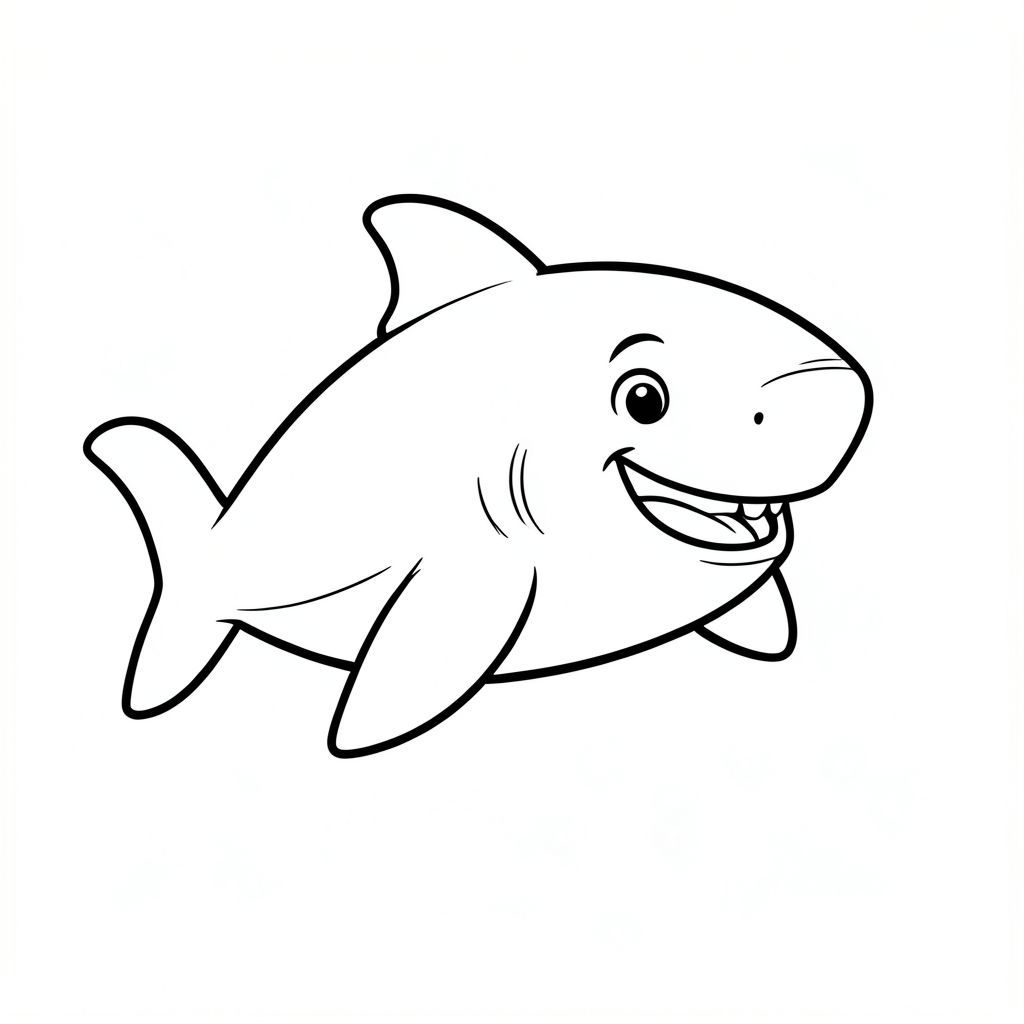 A friendly cartoon shark with a big smile swimming in open water.
Style rules : 
Bold, simple outlines
One main subject per page
Kid-friendly, cute, non-realistic
Large coloring spaces
No text, no shading, no complexity