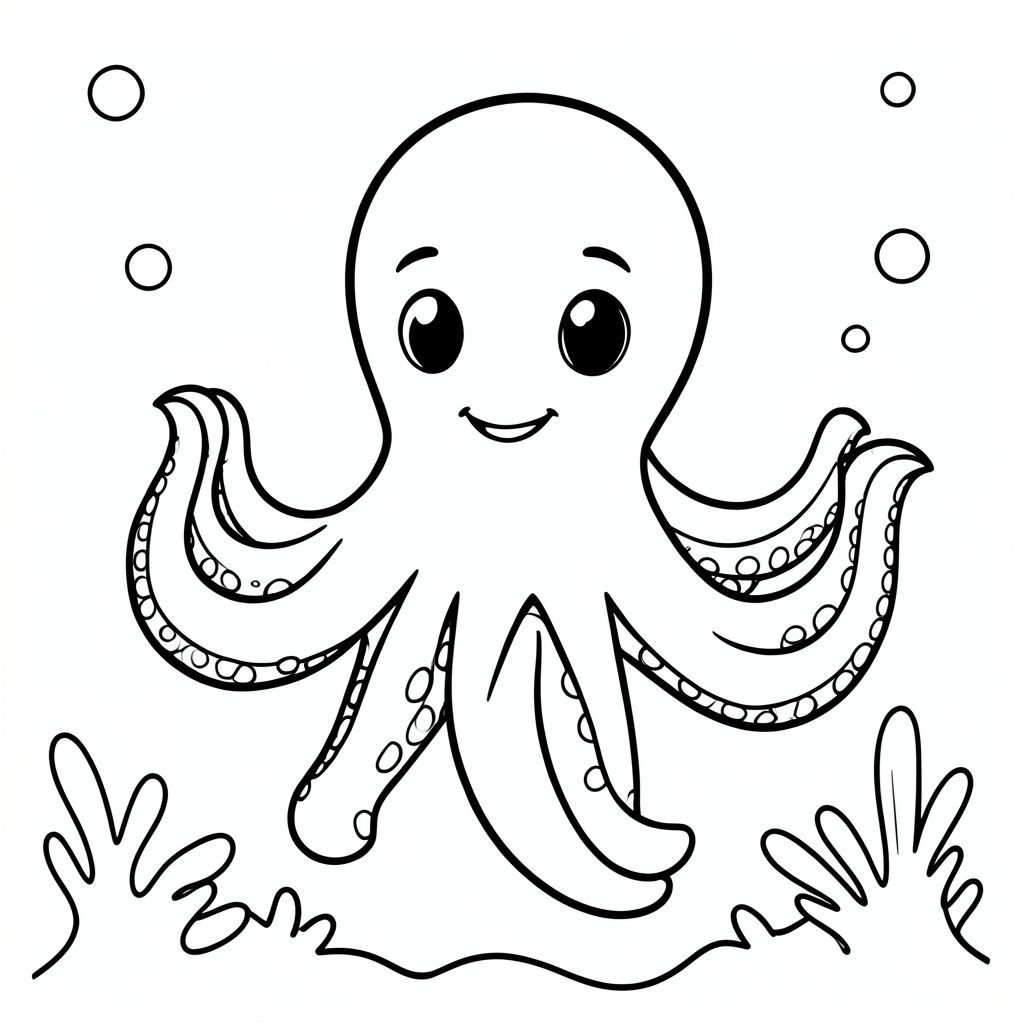 A cute octopus with rounded head and playful tentacles floating underwater.
Style rules : Bold, simple outlines
One main subject per page
Kid-friendly, cute, non-realistic
Large coloring spaces
No text, no shading, no complexity