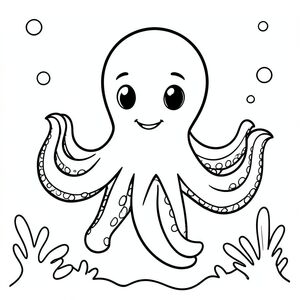 A cute octopus with rounded head and playful tentacles floating underwater.
Style rules : Bold, simple outlines
One main subject per page
Kid-friendly, cute, non-realistic
Large coloring spaces
No text, no shading, no complexity