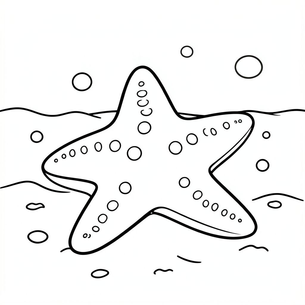 A big starfish resting on the ocean floor with a few bubbles.
Style rules : 
Bold, simple outlines
One main subject per page
Kid-friendly, cute, non-realistic
Large coloring spaces
No text, no shading, no complexity