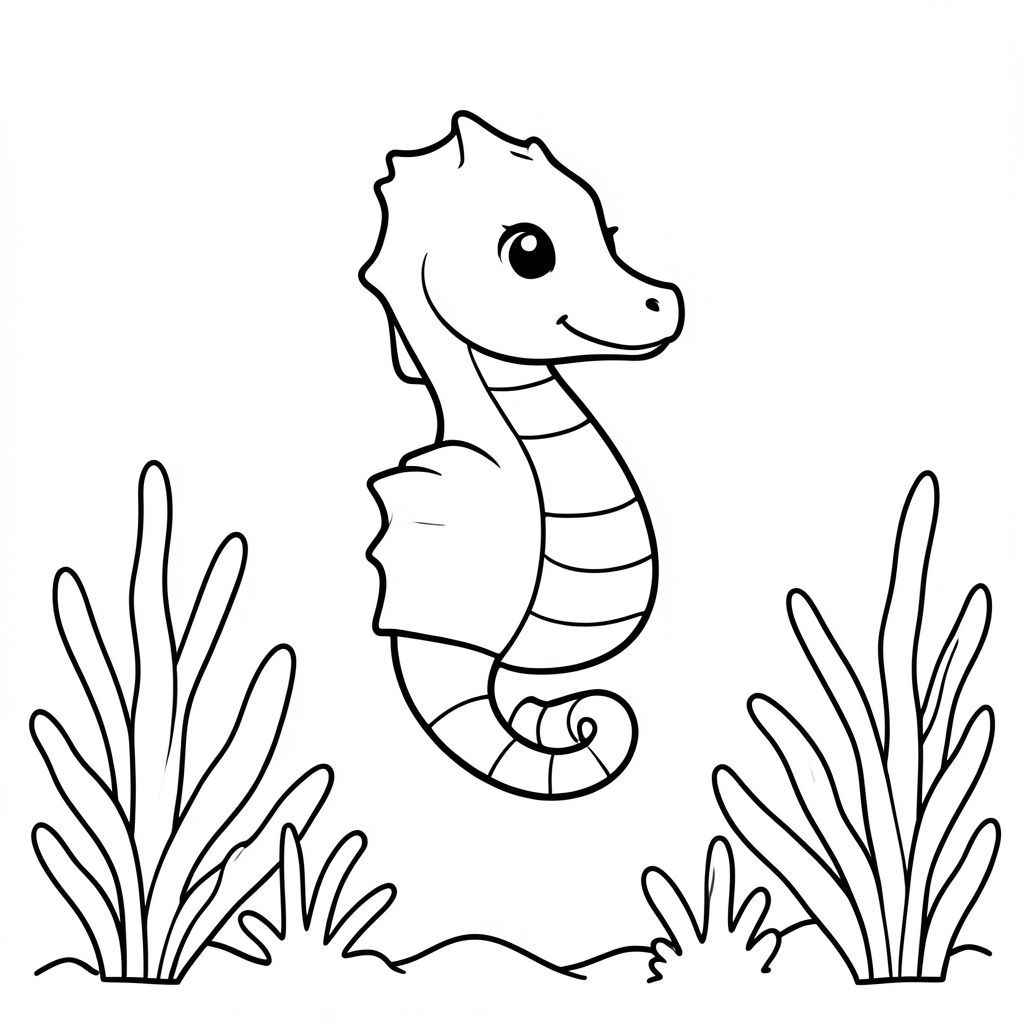 A small cute seahorse gently floating among sea plants.
Style rules :
Bold, simple outlines
One main subject per page
Kid-friendly, cute, non-realistic
Large coloring spaces
No text, no shading, no complexity
