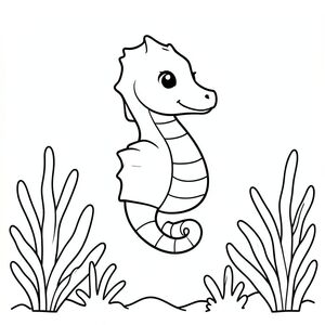 A small cute seahorse gently floating among sea plants.
Style rules :
Bold, simple outlines
One main subject per page
Kid-friendly, cute, non-realistic
Large coloring spaces
No text, no shading, no complexity