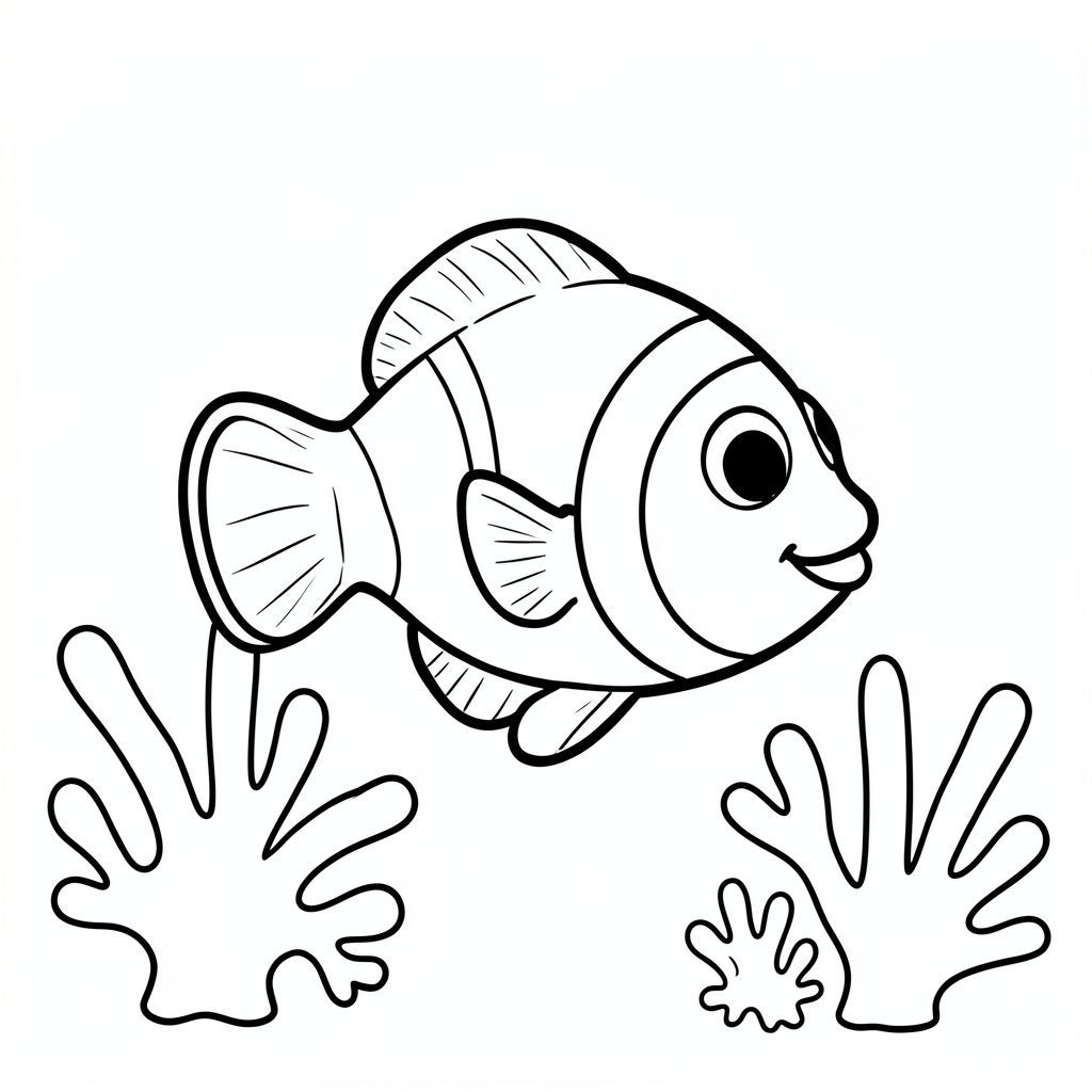 A friendly clownfish swimming near simple coral shapes.
Style rules:
Bold, simple outlines
One main subject per page
Kid-friendly, cute, non-realistic
Large coloring spaces
No text, no shading, no complexity