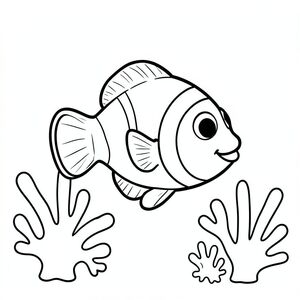 A friendly clownfish swimming near simple coral shapes.
Style rules:
Bold, simple outlines
One main subject per page
Kid-friendly, cute, non-realistic
Large coloring spaces
No text, no shading, no complexity