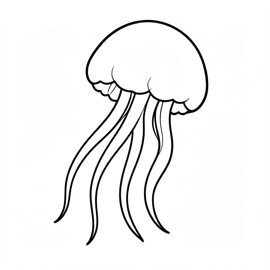 A soft, round jellyfish floating in water with long flowing tentacles.
Style rules:
Bold, simple outlines
One main subject per page
Kid-friendly, cute, non-realistic
Large coloring spaces
No text, no shading, no complexity