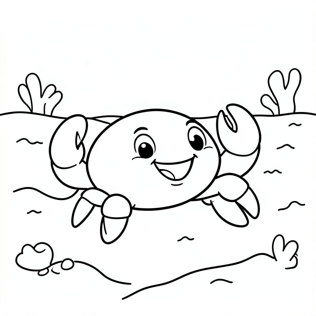 A smiling crab walking sideways on the ocean floor.

Style rules :
Bold, simple outlines
One main subject per page
Kid-friendly, cute, non-realistic
Large coloring spaces
No text, no shading, no complexity