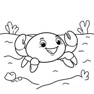 A smiling crab walking sideways on the ocean floor.

Style rules :
Bold, simple outlines
One main subject per page
Kid-friendly, cute, non-realistic
Large coloring spaces
No text, no shading, no complexity