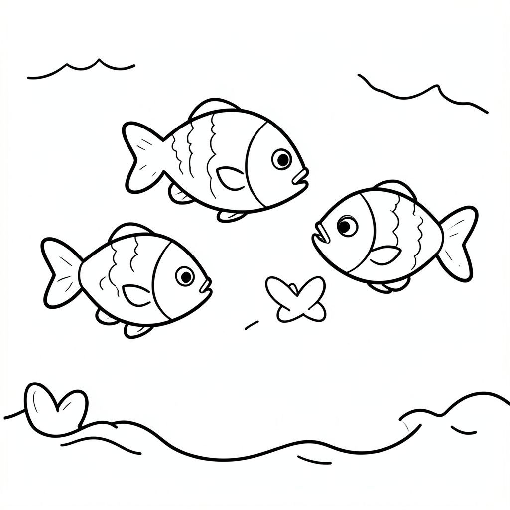 Three simple fish swimming together in the ocean.

Style rules:
Bold, simple outlines
One main subject per page
Kid-friendly, cute, non-realistic
Large coloring spaces
No text, no shading, no complexity