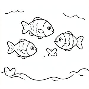 Three simple fish swimming together in the ocean.

Style rules:
Bold, simple outlines
One main subject per page
Kid-friendly, cute, non-realistic
Large coloring spaces
No text, no shading, no complexity