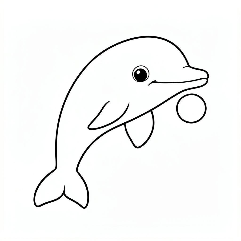 A playful dolphin balancing a small floating ball underwater.

Style rules:
Bold, simple outlines
One main subject per page
Kid-friendly, cute, non-realistic
Large coloring spaces
No text, no shading, no complexity