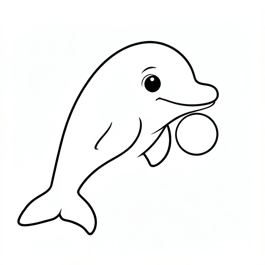 Baby Dolphin with Ball
A playful dolphin balancing a small floating ball underwater.

Style rules:
Bold, simple outlines
One main subject per page
Kid-friendly, cute, non-realistic
Large coloring spaces
No text, no shading, no complexity