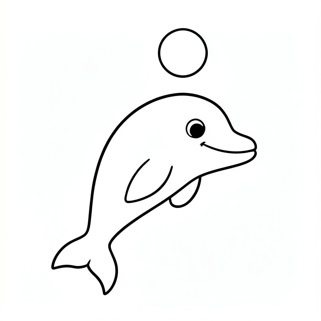 
A playful dolphin balancing a small floating ball underwater. Ball must be above.

Style rules:
Bold, simple outlines
One main subject per page
Kid-friendly, cute, non-realistic
Large coloring spaces
No text, no shading, no complexity