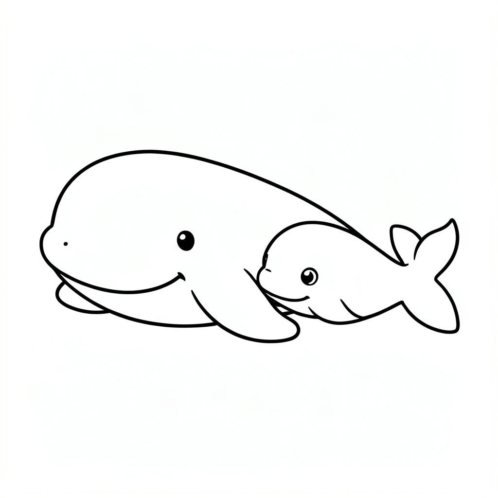 A mother whale swimming with her baby whale beside her.
Style rules:
Bold, simple outlines
One main subject per page
Kid-friendly, cute, non-realistic
Large coloring spaces
No text, no shading, no complexity