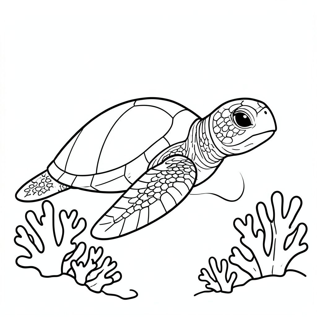 A sea turtle resting gently on a simple coral reef.
Style rules :
Bold, simple outlines
One main subject per page
Kid-friendly, cute, non-realistic
Large coloring spaces
No text, no shading, no complexity