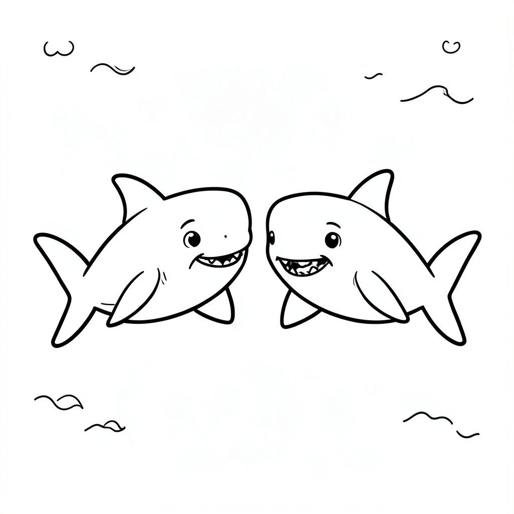 Two friendly sharks swimming together in the ocean.
Style rules:
Bold, simple outlines
One main subject per page
Kid-friendly, cute, non-realistic
Large coloring spaces
No text, no shading, no complexity