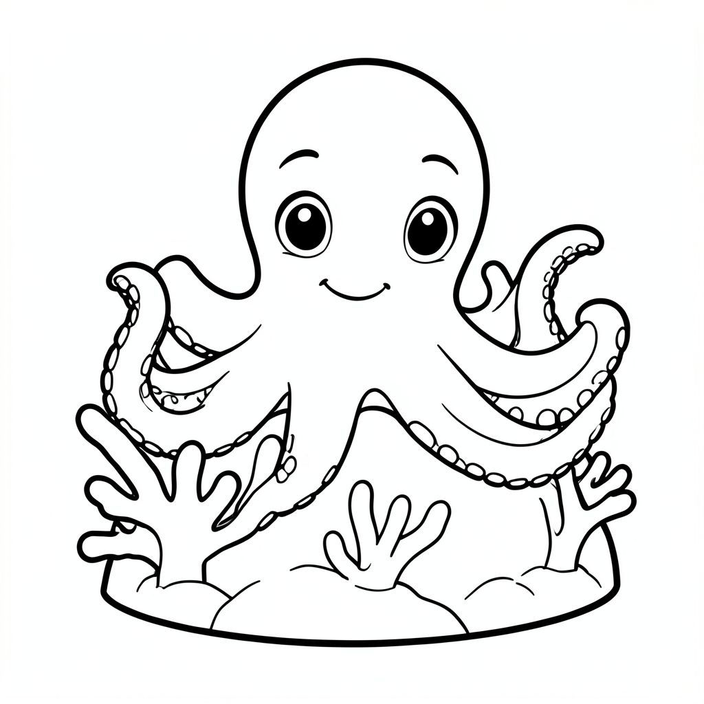 A cute octopus wrapped around a coral rock.
Style rules:
Bold, simple outlines
One main subject per page
Kid-friendly, cute, non-realistic
Large coloring spaces
No text, no shading, no complexity