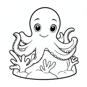 A cute octopus wrapped around a coral rock.
Style rules:
Bold, simple outlines
One main subject per page
Kid-friendly, cute, non-realistic
Large coloring spaces
No text, no shading, no complexity