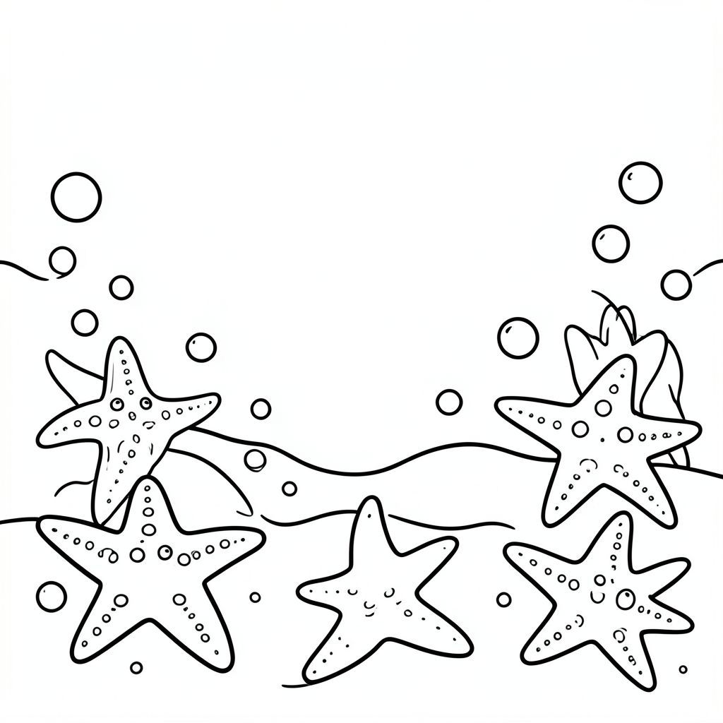 Multiple starfish resting on the ocean floor with bubbles.
Style rules:
Bold, simple outlines
One main subject per page
Kid-friendly, cute, non-realistic
Large coloring spaces
No text, no shading, no complexity