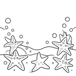 Multiple starfish resting on the ocean floor with bubbles.
Style rules:
Bold, simple outlines
One main subject per page
Kid-friendly, cute, non-realistic
Large coloring spaces
No text, no shading, no complexity