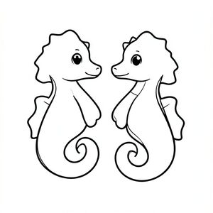 Two small seahorses floating side by side. 
Style rules :Bold, simple outlines
One main subject per page
Kid-friendly, cute, non-realistic
Large coloring spaces
No text, no shading, no complexity