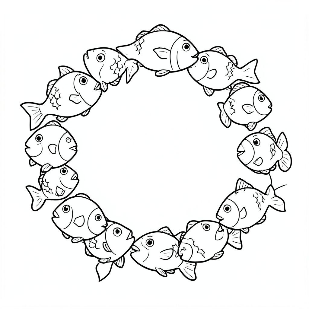 A circle of small fish swimming in a playful formation.
Style rules:
Bold, simple outlines
One main subject per page
Kid-friendly, cute, non-realistic
Large coloring spaces
No text, no shading, no complexity