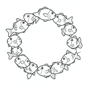 A circle of small fish swimming in a playful formation.
Style rules:
Bold, simple outlines
One main subject per page
Kid-friendly, cute, non-realistic
Large coloring spaces
No text, no shading, no complexity