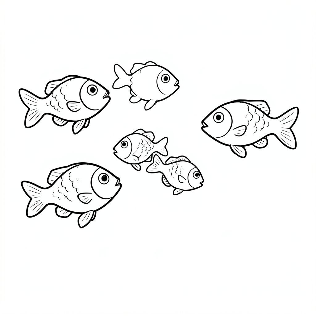 A few small fish swimming in a playful formation.
Style rules:
Bold, simple outlines
One main subject per page
Kid-friendly, cute, non-realistic
Large coloring spaces
No text, no shading, no complexity