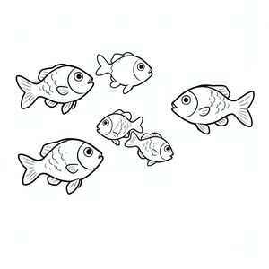 A few small fish swimming in a playful formation.
Style rules:
Bold, simple outlines
One main subject per page
Kid-friendly, cute, non-realistic
Large coloring spaces
No text, no shading, no complexity