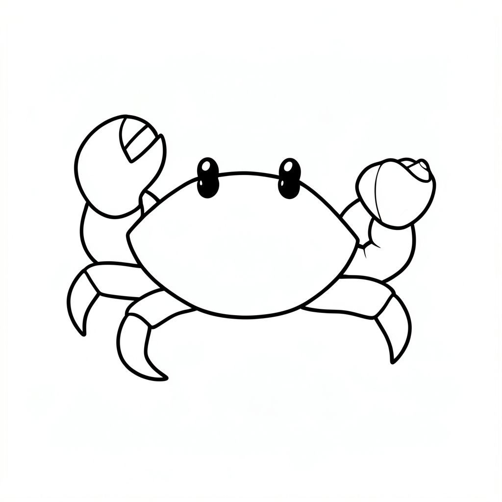 A crab holding a small seashell in its claw.
Style rules:
Bold, simple outlines
One main subject per page
Kid-friendly, cute, non-realistic
Large coloring spaces
No text, no shading, no complexity