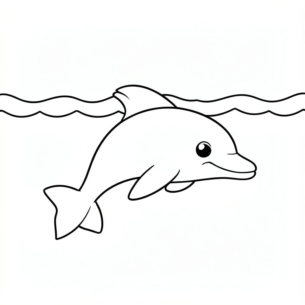 A dolphin swimming under gentle ocean waves above.
Syle rules:
Bold, simple outlines
One main subject per page
Kid-friendly, cute, non-realistic
Large coloring spaces
No text, no shading, no complexity