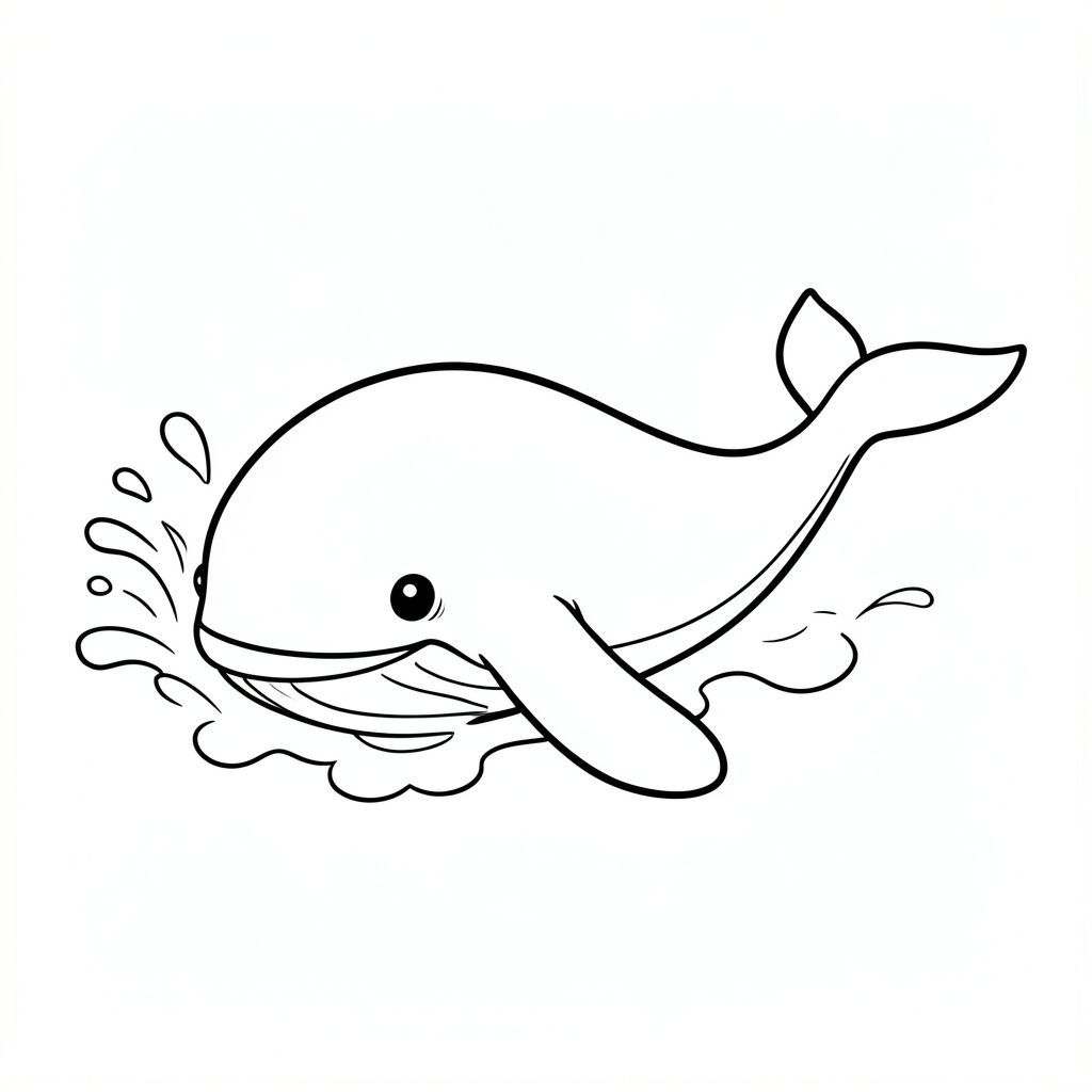 A whale gently surfacing with water splash.
Style rules:
Bold, simple outlines
One main subject per page
Kid-friendly, cute, non-realistic
Large coloring spaces
No text, no shading, no complexity