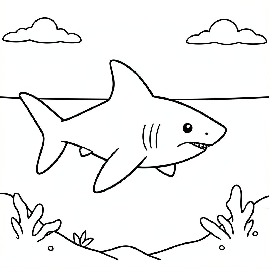A simple shark swimming in wide open ocean space.
Style rules :
Bold, simple outlines
One main subject per page
Kid-friendly, cute, non-realistic
Large coloring spaces
No text, no shading, no complexity