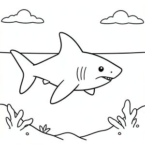 A simple shark swimming in wide open ocean space.
Style rules :
Bold, simple outlines
One main subject per page
Kid-friendly, cute, non-realistic
Large coloring spaces
No text, no shading, no complexity
