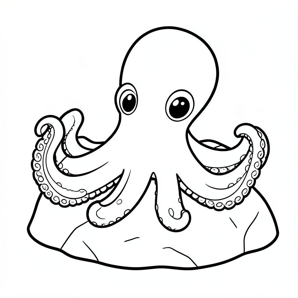 An octopus hiding under a simple underwater rock.
Style rules :
Bold, simple outlines
One main subject per page
Kid-friendly, cute, non-realistic
Large coloring spaces
No text, no shading, no complexity