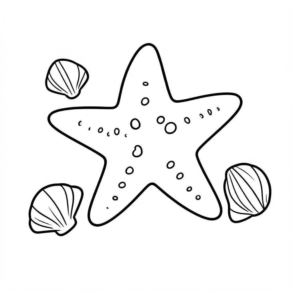 A starfish surrounded by a few simple seashells.
Style rules :
Bold, simple outlines
One main subject per page
Kid-friendly, cute, non-realistic
Large coloring spaces
No text, no shading, no complexity