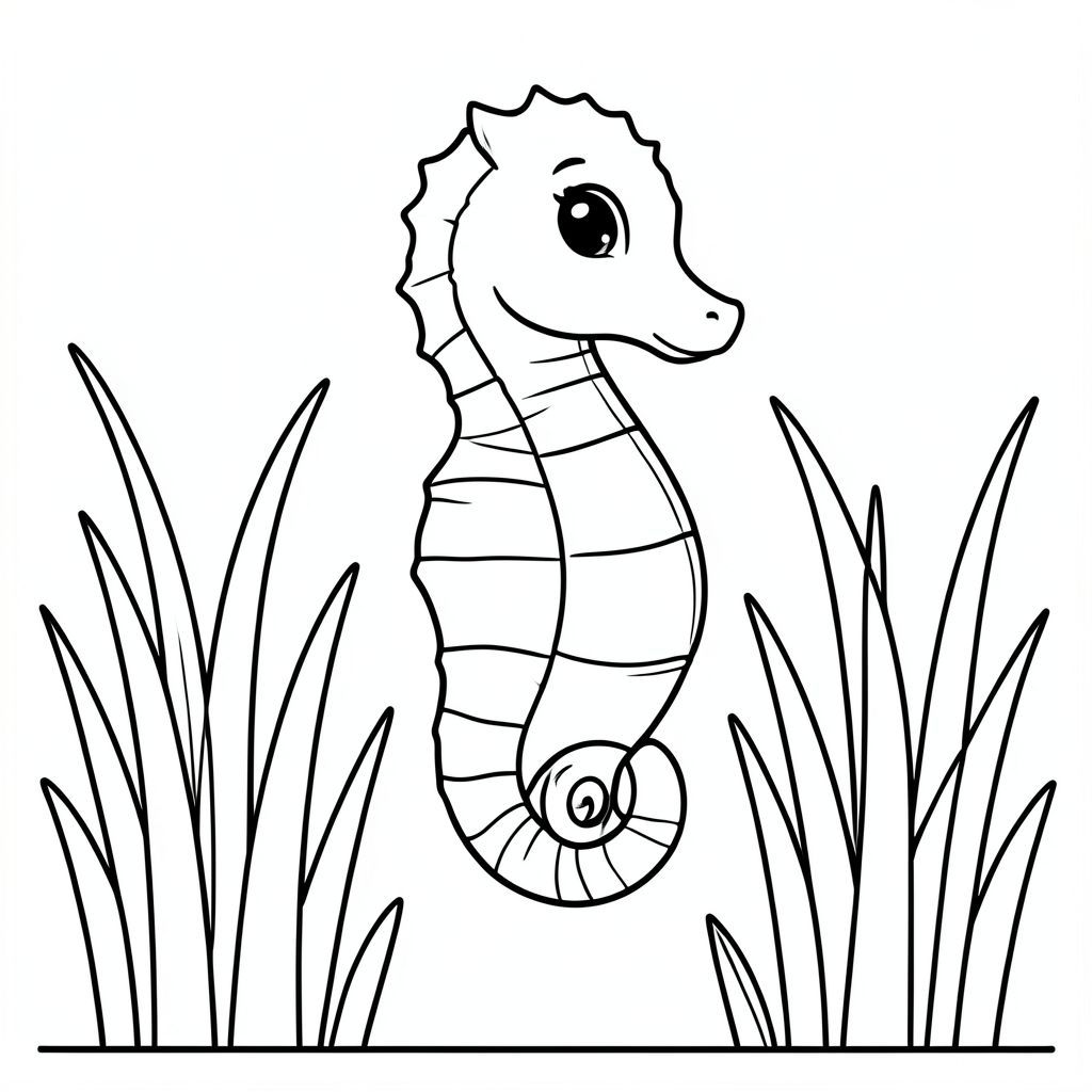 A seahorse floating among tall sea grass.
Style rules :
Bold, simple outlines
One main subject per page
Kid-friendly, cute, non-realistic
Large coloring spaces
No text, no shading, no complexity