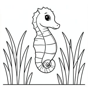 A seahorse floating among tall sea grass.
Style rules :
Bold, simple outlines
One main subject per page
Kid-friendly, cute, non-realistic
Large coloring spaces
No text, no shading, no complexity