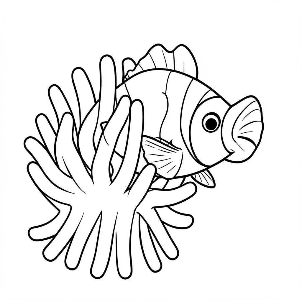 A clownfish near a simple anemone.
Style rules :
Bold, simple outlines
One main subject per page
Kid-friendly, cute, non-realistic
Large coloring spaces
No text, no shading, no complexity